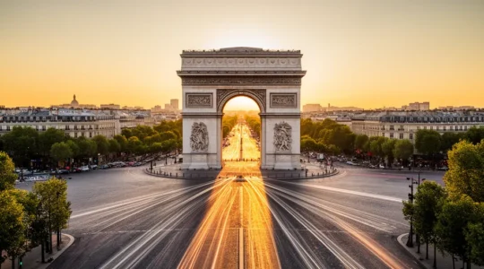 Vue spectaculaire de l'Arc de Triomphe avec l'axe historique parisien en perspective