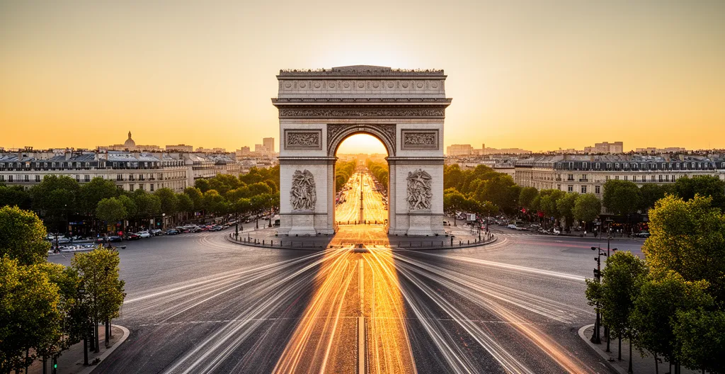 Vue spectaculaire de l'Arc de Triomphe avec l'axe historique parisien en perspective
