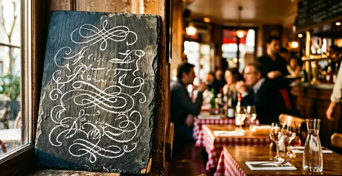 Menu manuscrit à la craie sur ardoise de bistrot avec lumière dorée