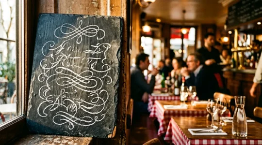 Menu manuscrit à la craie sur ardoise de bistrot avec lumière dorée