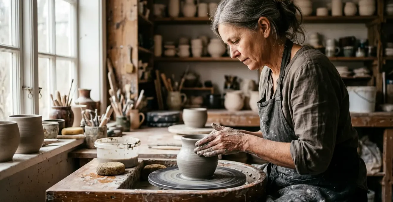 Mains d'artisan façonnant délicatement une poterie sur un tour dans un atelier parisien lumineux