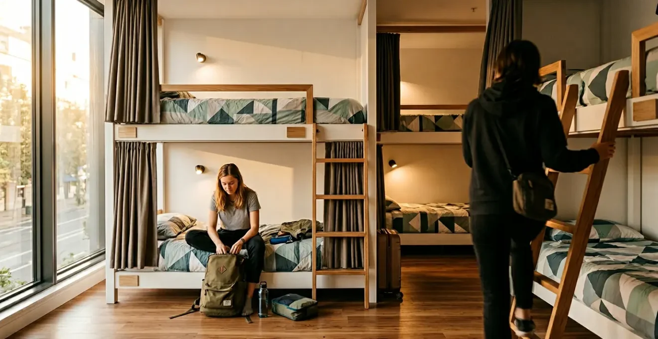 Vue d'un dortoir moderne d'auberge de jeunesse avec lits superposés design et voyageurs en interaction