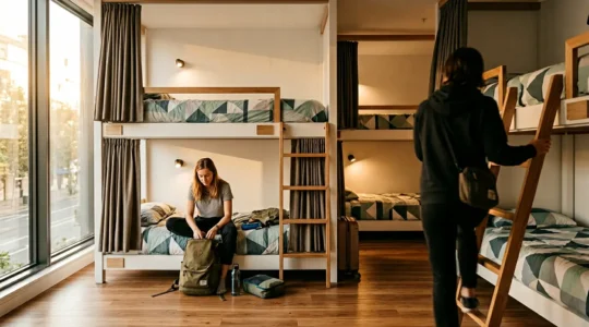 Vue d'un dortoir moderne d'auberge de jeunesse avec lits superposés design et voyageurs en interaction