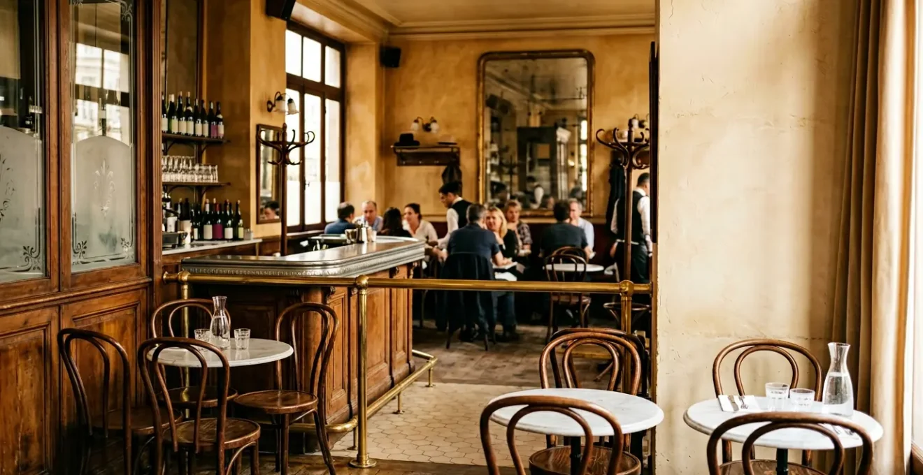 Intérieur chaleureux d'un bistrot français traditionnel avec ambiance conviviale