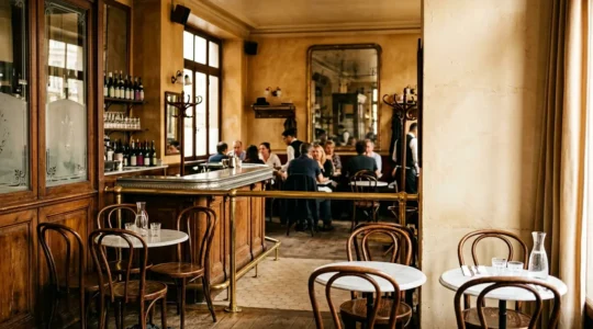 Intérieur chaleureux d'un bistrot français traditionnel avec ambiance conviviale