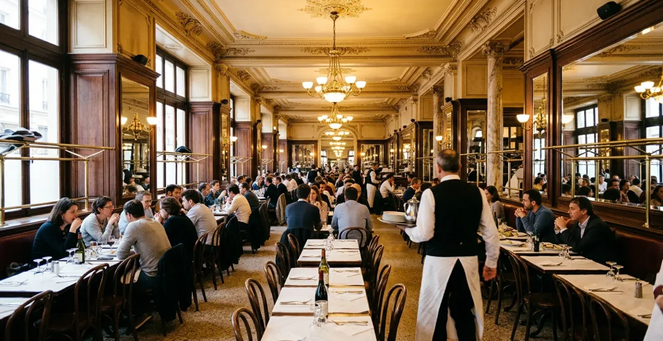 Vue intérieure d'un bouillon parisien traditionnel avec ses miroirs dorés et ses tables rapprochées