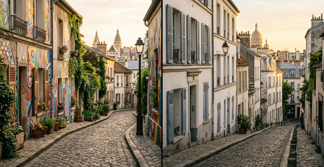 Vue comparative des ruelles pavées de la Butte-aux-Cailles et Montmartre montrant l'atmosphère de village parisien
