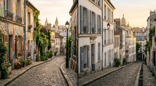 Vue comparative des ruelles pavées de la Butte-aux-Cailles et Montmartre montrant l'atmosphère de village parisien