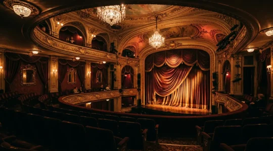 Vue intérieure glamour d'un cabaret parisien avec éclairage dramatique doré et rouge, plumes et costumes scintillants