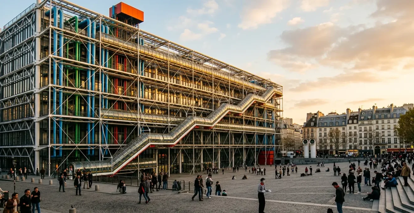 Vue spectaculaire de la façade du Centre Pompidou avec ses tuyaux colorés emblématiques et ses escaliers mécaniques extérieurs