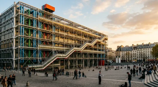 Vue spectaculaire de la façade du Centre Pompidou avec ses tuyaux colorés emblématiques et ses escaliers mécaniques extérieurs