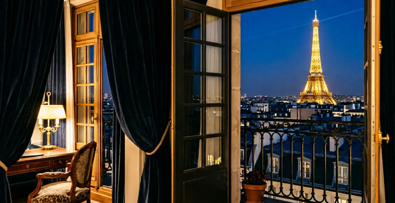 Vue nocturne de la Tour Eiffel illuminée depuis une chambre d'hôtel parisienne avec balcon