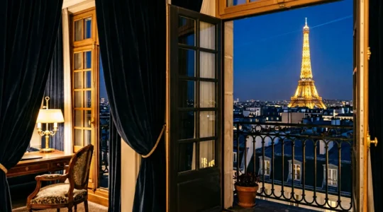 Vue nocturne de la Tour Eiffel illuminée depuis une chambre d'hôtel parisienne avec balcon