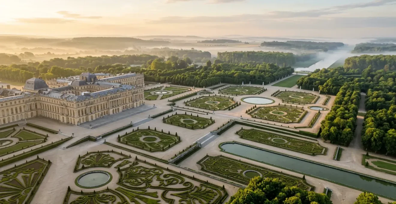 Vue aérienne du château de Versailles et ses jardins géométriques dorés par la lumière du matin