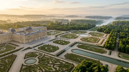 Vue aérienne du château de Versailles et ses jardins géométriques dorés par la lumière du matin