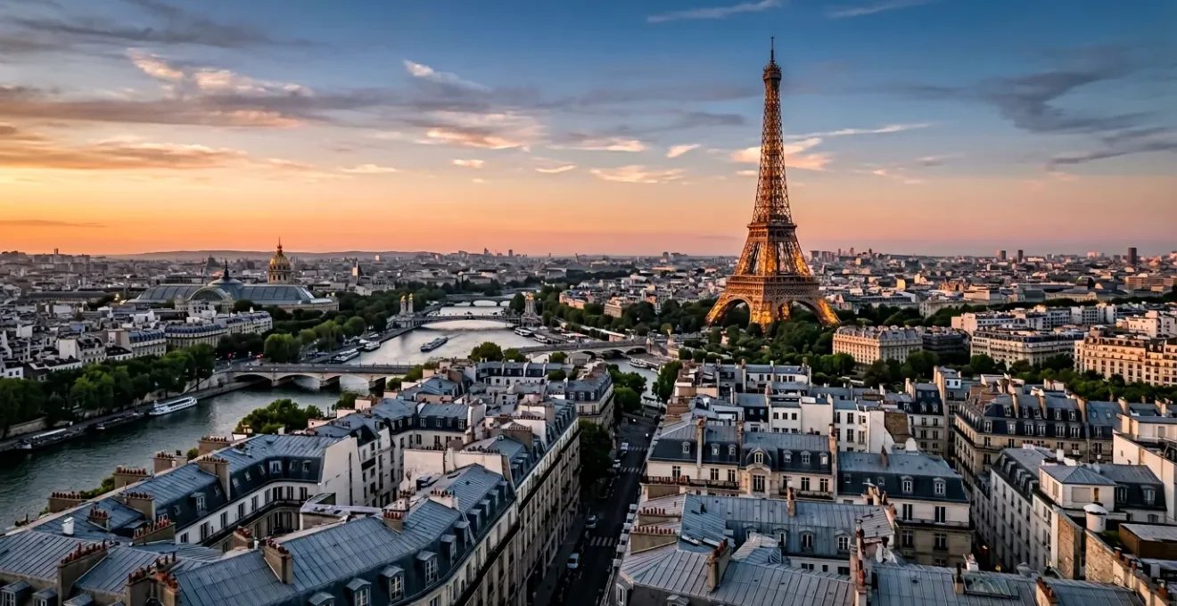 Vue aérienne panoramique de Paris avec la Tour Eiffel au centre, vue depuis une terrasse en hauteur