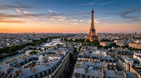 Vue aérienne panoramique de Paris avec la Tour Eiffel au centre, vue depuis une terrasse en hauteur