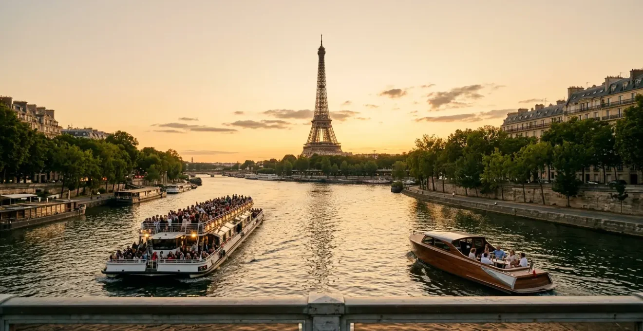 Vue contrastée de deux embarcations sur la Seine au coucher de soleil avec la Tour Eiffel en arrière-plan
