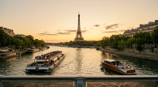 Vue contrastée de deux embarcations sur la Seine au coucher de soleil avec la Tour Eiffel en arrière-plan