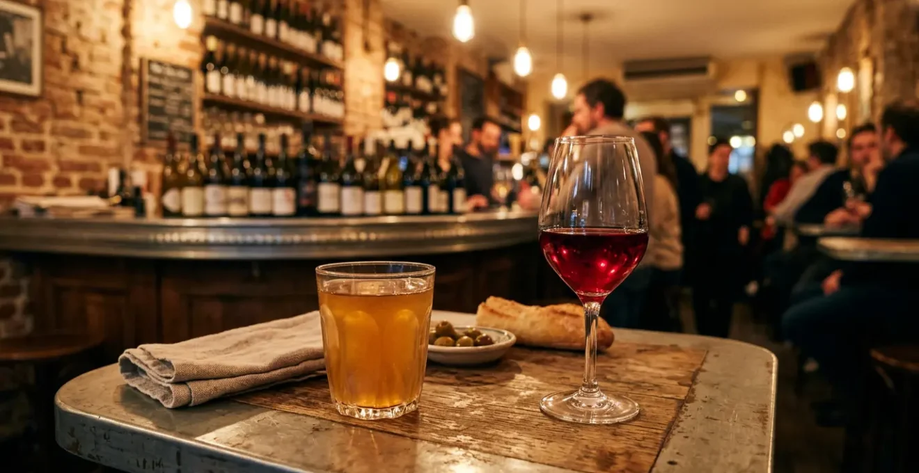 Table de restaurant parisien avec verres de vin nature et conventionnel
