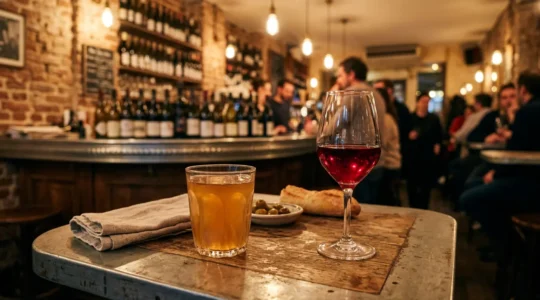 Table de restaurant parisien avec verres de vin nature et conventionnel