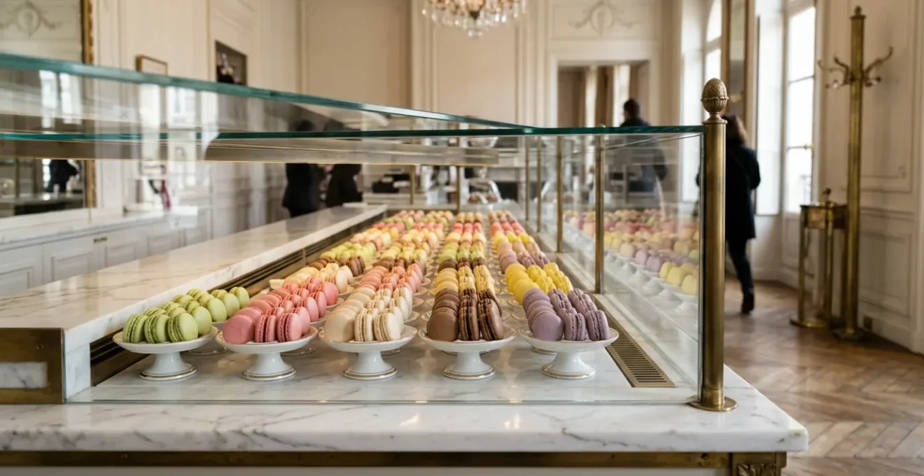 Présentation élégante de macarons français aux couleurs pastel dans une vitrine de luxe parisienne