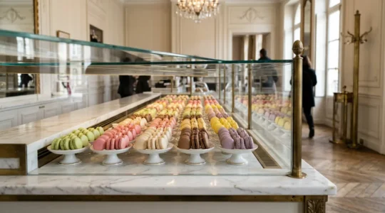 Présentation élégante de macarons français aux couleurs pastel dans une vitrine de luxe parisienne