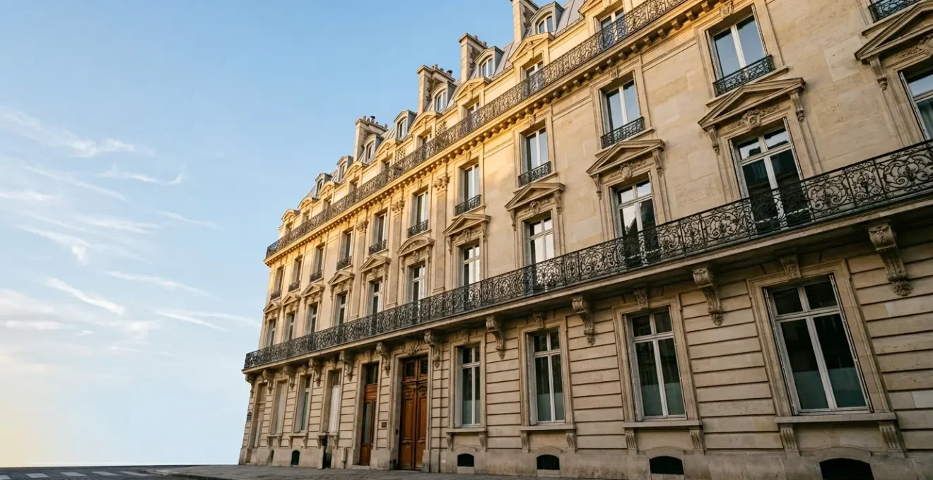 Façade d'immeuble haussmannien avec balcons en fer forgé et pierre de taille sous lumière dorée parisienne