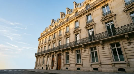 Façade d'immeuble haussmannien avec balcons en fer forgé et pierre de taille sous lumière dorée parisienne