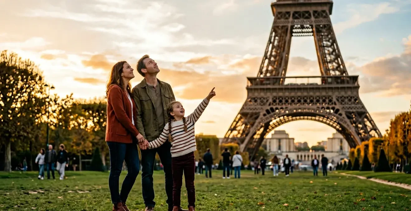Une famille avec un enfant de 8 ans admirant la Tour Eiffel depuis le Champ-de-Mars