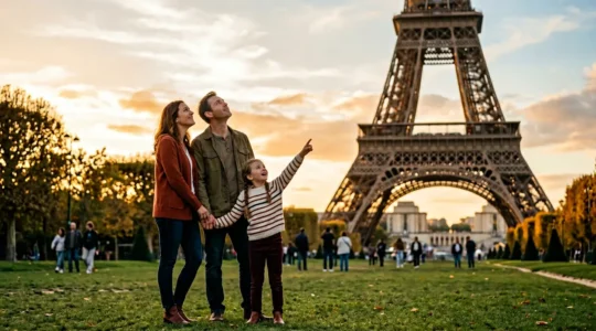 Une famille avec un enfant de 8 ans admirant la Tour Eiffel depuis le Champ-de-Mars