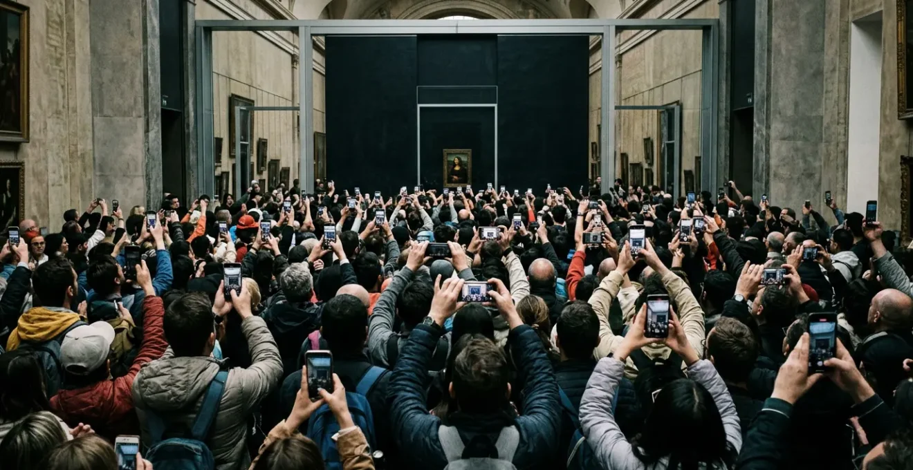 Une foule compacte de visiteurs brandissant leurs téléphones devant la vitre protectrice de la Joconde dans la salle des États du Louvre