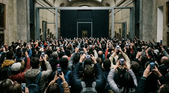 Une foule compacte de visiteurs brandissant leurs téléphones devant la vitre protectrice de la Joconde dans la salle des États du Louvre