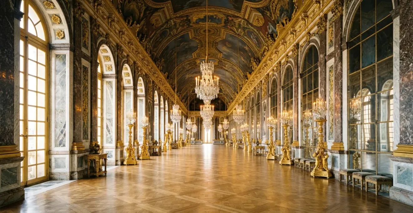Vue en perspective de la Galerie des Glaces du château de Versailles avec ses miroirs dorés reflétant la lumière naturelle