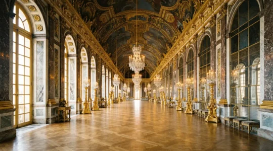 Vue en perspective de la Galerie des Glaces du château de Versailles avec ses miroirs dorés reflétant la lumière naturelle
