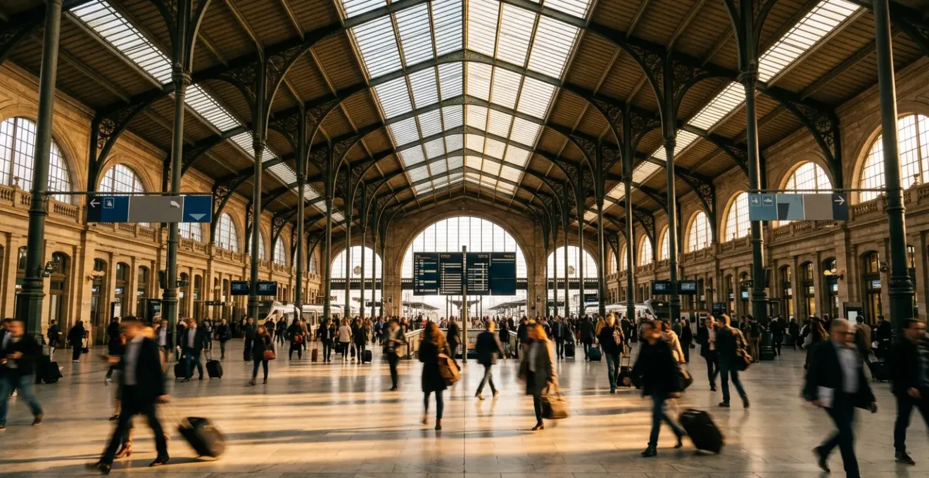 Vue intérieure d'une grande gare parisienne avec voyageurs pressés et architecture monumentale
