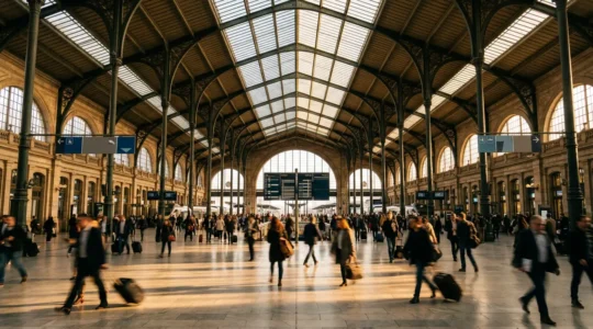 Vue intérieure d'une grande gare parisienne avec voyageurs pressés et architecture monumentale