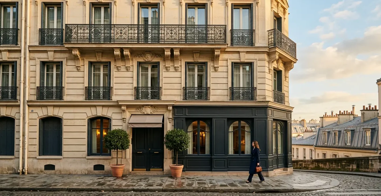 Façade d'un hôtel boutique parisien avec balcons en fer forgé et vue sur une rue pavée typique