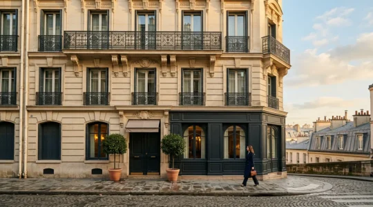 Façade d'un hôtel boutique parisien avec balcons en fer forgé et vue sur une rue pavée typique