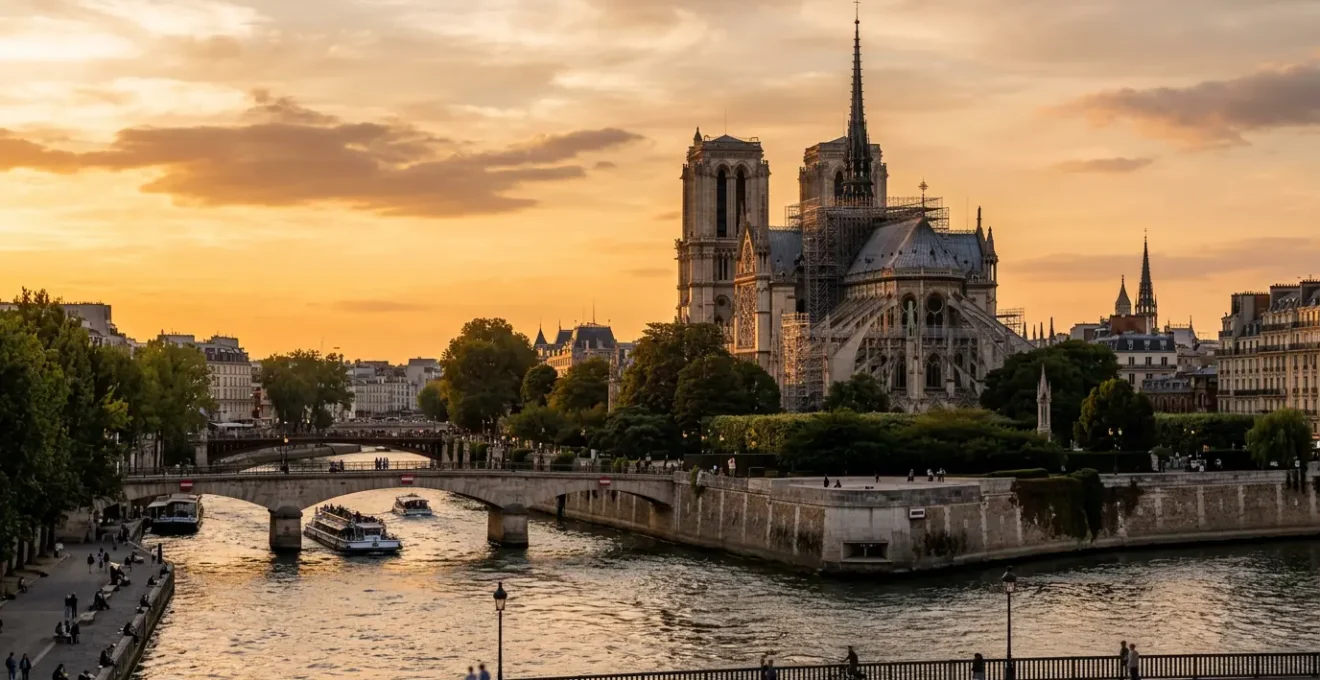 Vue panoramique de l'île de la Cité avec Notre-Dame en chantier depuis le pont de la Tournelle