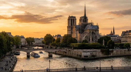 Vue panoramique de l'île de la Cité avec Notre-Dame en chantier depuis le pont de la Tournelle