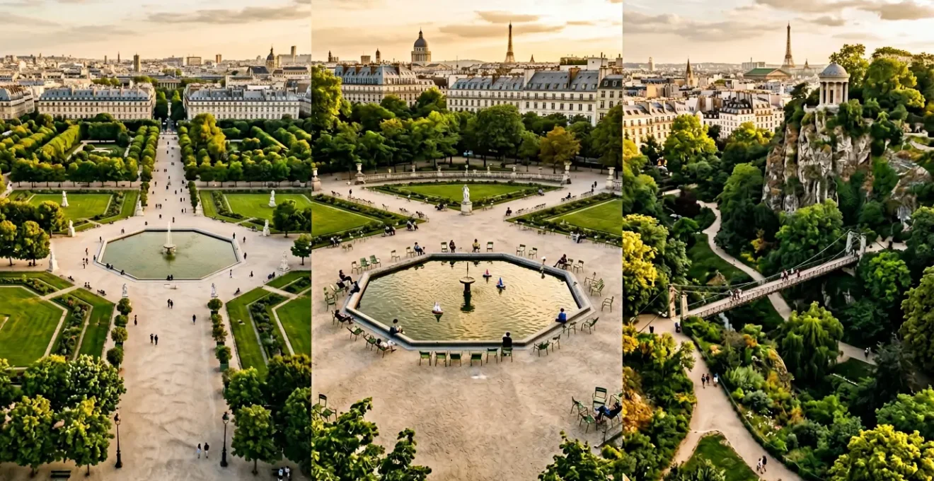 Vue aérienne des trois grands parcs parisiens avec leurs caractéristiques distinctives en fin de journée dorée