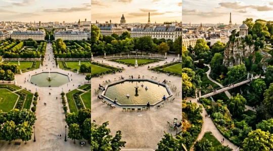 Vue aérienne des trois grands parcs parisiens avec leurs caractéristiques distinctives en fin de journée dorée