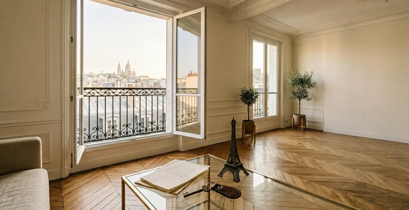Vue d'un appartement parisien lumineux avec des documents officiels et une vue sur les toits de Paris