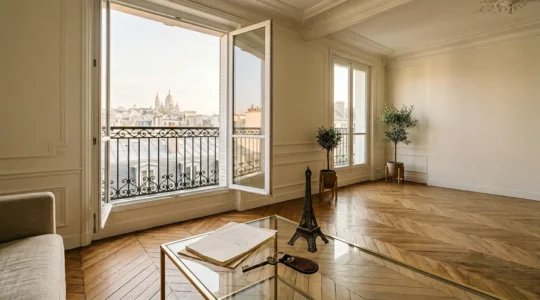 Vue d'un appartement parisien lumineux avec des documents officiels et une vue sur les toits de Paris