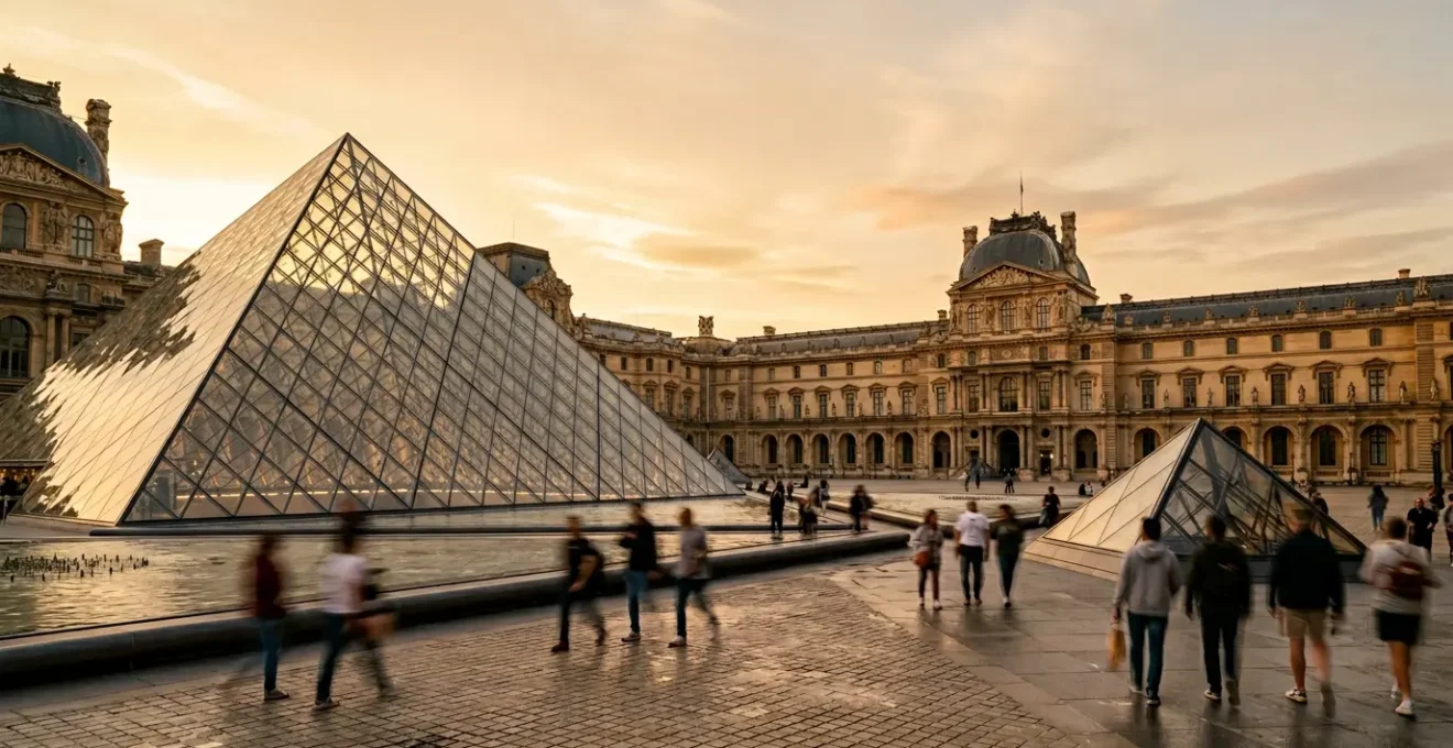 Vue d'ensemble de la pyramide du Louvre au coucher du soleil avec des visiteurs en mouvement