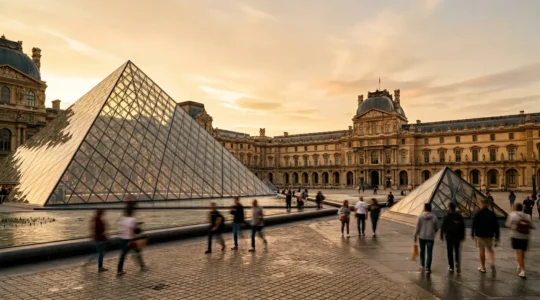 Vue d'ensemble de la pyramide du Louvre au coucher du soleil avec des visiteurs en mouvement