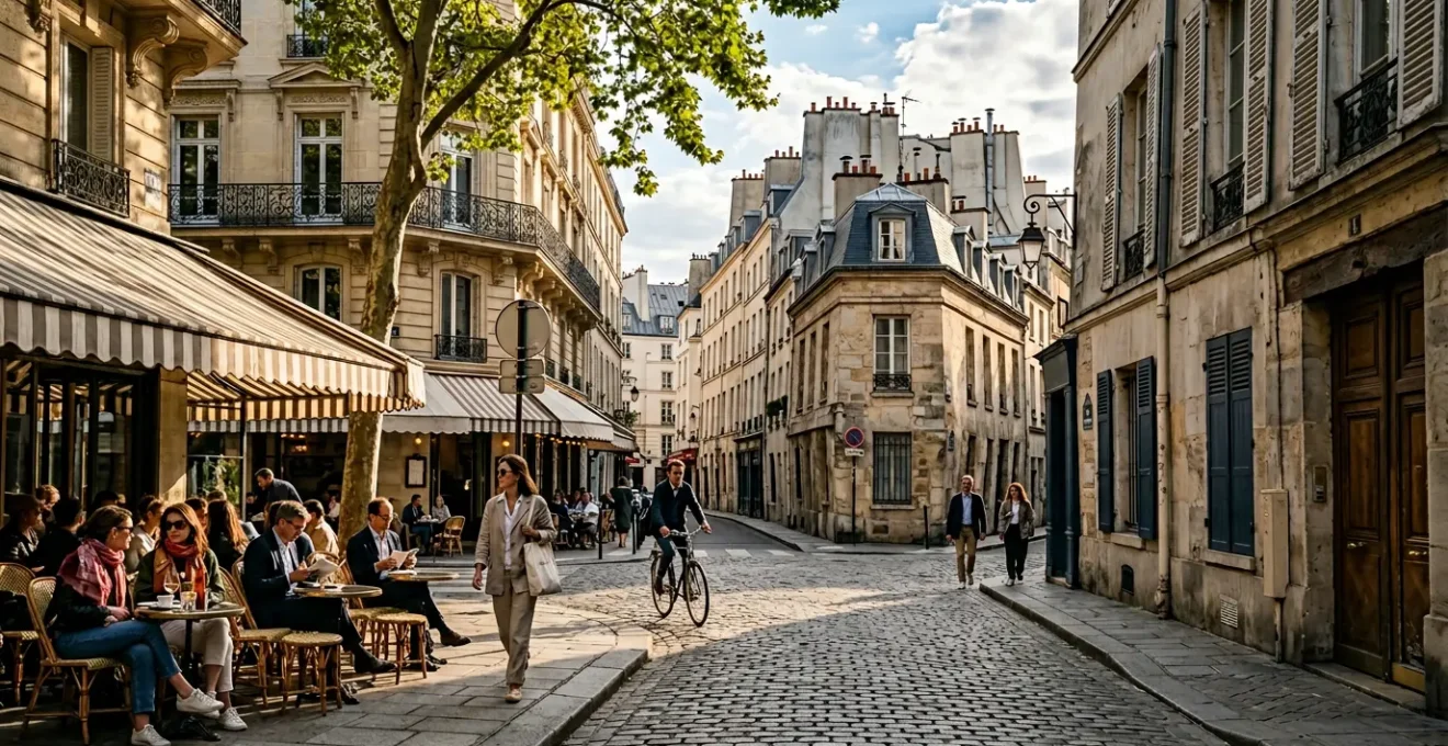 Scène vivante du Marais parisien mêlant l'architecture historique, les terrasses animées et les passants dans une ambiance typiquement parisienne