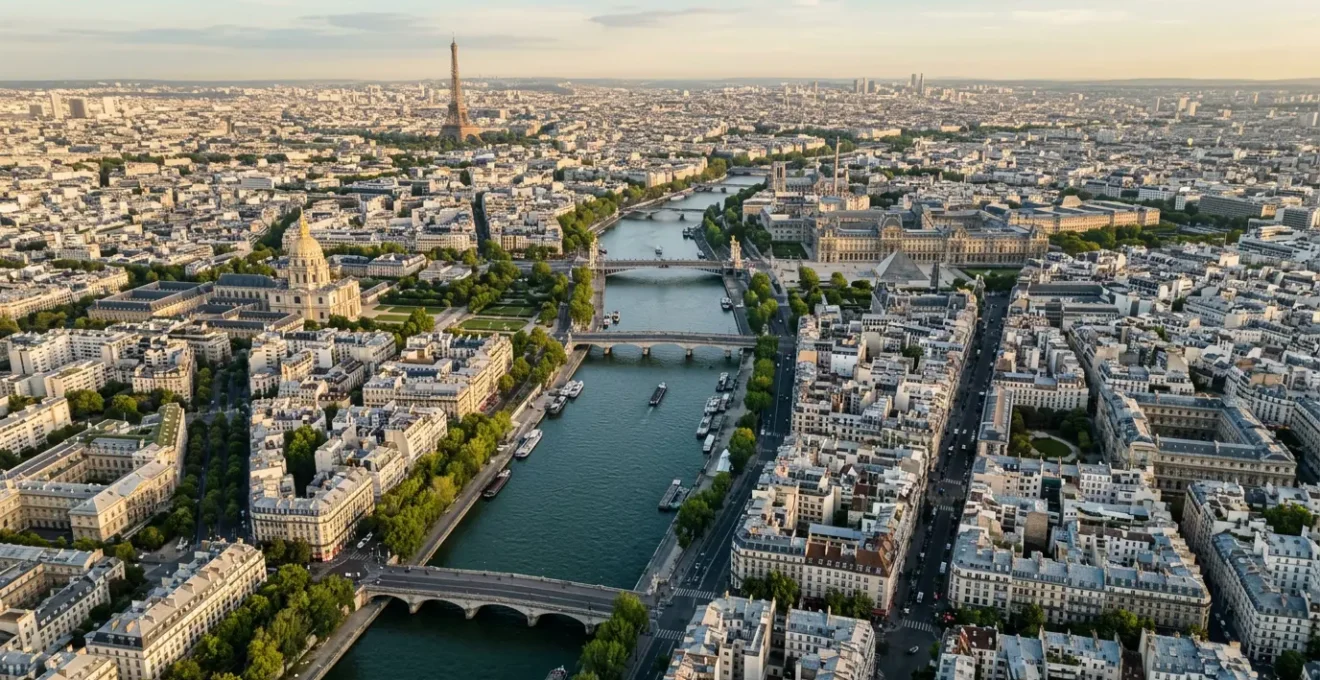 Vue aérienne du métro parisien avec la Seine divisant la ville entre rive droite et rive gauche, montrant la densité du réseau de transport
