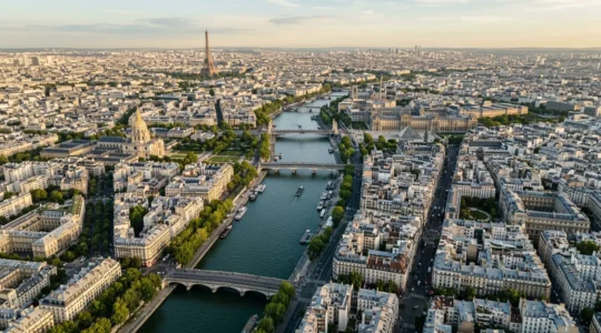 Vue aérienne du métro parisien avec la Seine divisant la ville entre rive droite et rive gauche, montrant la densité du réseau de transport